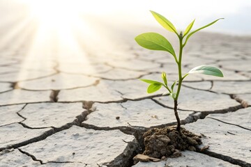 Resilient sprout growing in cracked dry earth