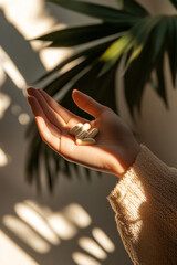 Hand holding capsules in warm sunlight with leaf shadows