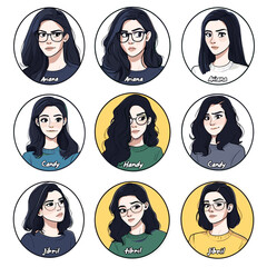 Set of nine diverse cartoon female character portraits with long dark hair and glasses, each with a unique name, wearing colorful casual tops, vibrant illustrative style, circular orange, yellow, and 