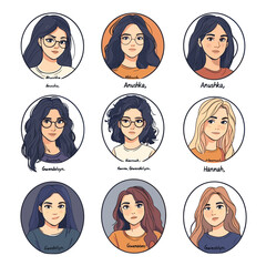Set of nine diverse cartoon female character portraits with varied hairstyles and glasses, each with a unique name, wearing casual outfits, vibrant illustrative style, orange and gray circular backgro