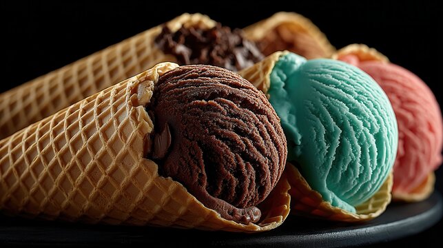 Indulgent gourmet ice cream scoops in waffle cones featuring chocolate, mint, and strawberry flavors arranged on dark plate against black background