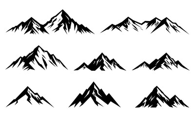 Black Mountains Silhouettes Set, Rocks Peaks, Hills, Isolated On White Background. Vector Illustration