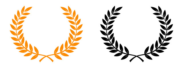 Two Wreaths And Branches With Leaves. Black And Gold Hand Drawing Laurel Wreaths And Branches. Award Laurel Symbol, Isolated On White Background. Vector Illustration