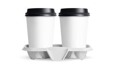 Two Blank Paper Coffee Cups With Black Caps In Cardboard Disposable Holder, Front View. Cup Carrier, Isolated On White Background. Vector Illustration