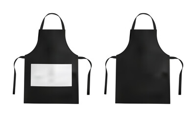 Black Aprons Mockups, Apron With Pocket, Isolated On White Background. Vector Illustration