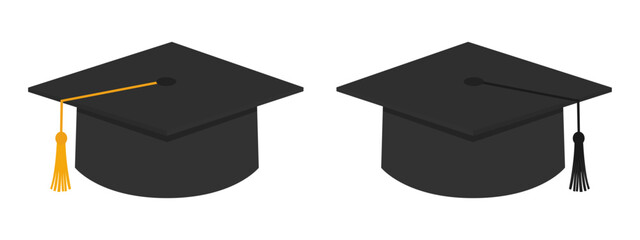 Two Graduation Caps With Black and Gold Tassel, Isolated On White Background. Vector Illustration
