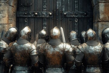 Vigilant Knights at a Medieval City Entrance: Warriors Standing Guard by the Historic Gateway