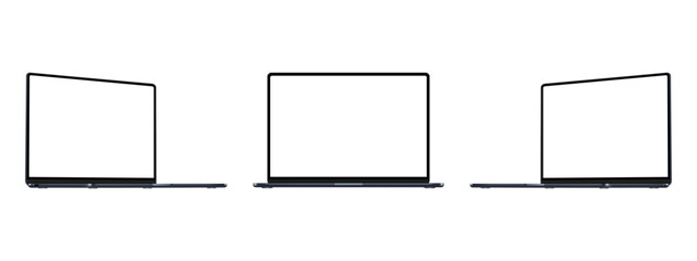 Dark Blue Laptops Mockups With Blank Screens, Front And Side Perspective View, Isolated On White Background. Vector Illustration