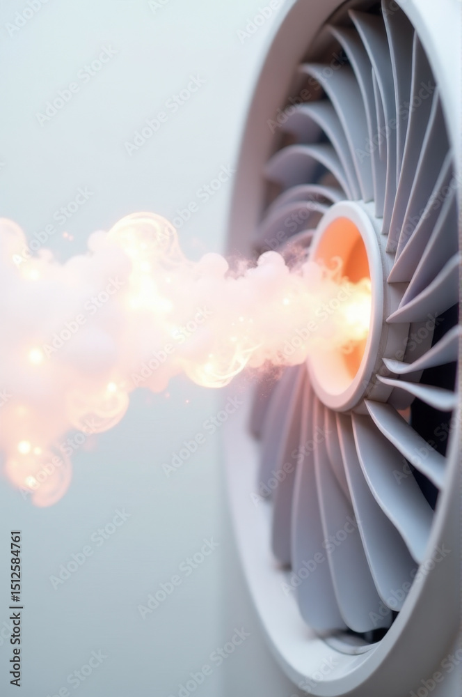 Poster a close-up shot of a jet engine with smoke billowing out, ideal for use in aviation or technology-re