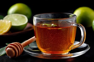 A clear glass of warm herbal tea is served with honey and fresh limes.