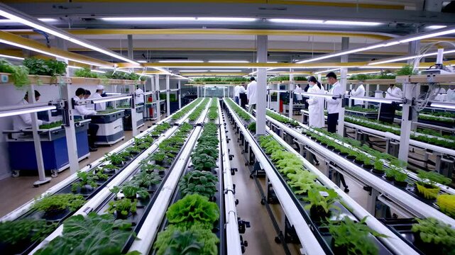Advanced Indoor Vertical Farming Technology: Automated Hydroponic Systems with LED Illumination. Researchers in White Coats Monitoring and Harvesting Vegetables.