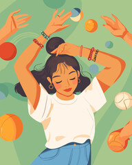 Relaxed woman lying down with arms raised, surrounded by colorful floating balls and hands with bracelets, wearing a white t-shirt and blue jeans, vibrant illustrative style, green background