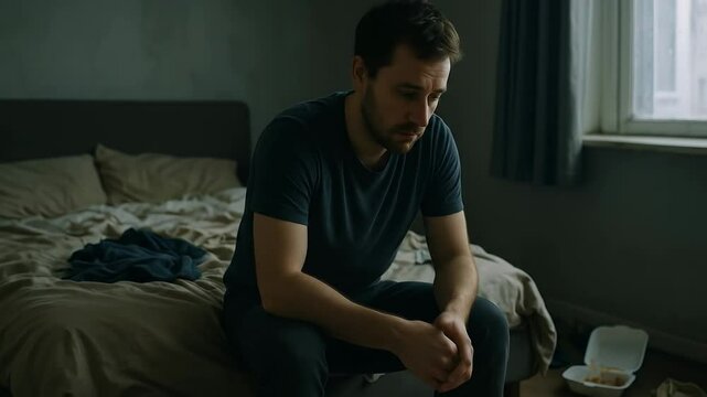 Man sitting alone on bed, looking sad and depressed 