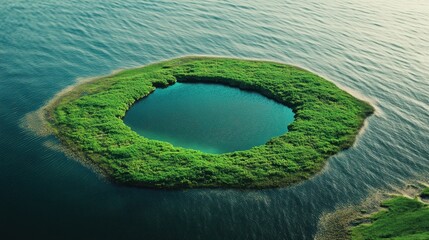 Serene Circle of Ocean Embracing a Lush Island Oasis with Tranquil Lagoon and Gentle Ripples in Daylight