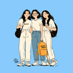 Group of three girls with backpacks, casual cartoon style