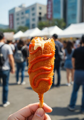 Bitten Korean corn dog with spicy mayo dripping held over blurred street crowd

