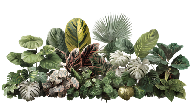 Dense arrangement of varied tropical foliage, multiple leaf shapes and textures, botanical diversity. Exotic plant collection display. Isolated on transparent background.