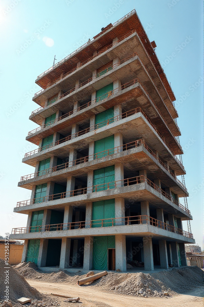 Poster a tall building with many windows on the rooftop