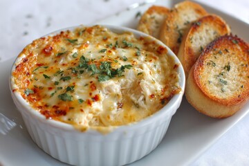 A warm, creamy crab dip topped with melted cheese and served with toasted bread slices.