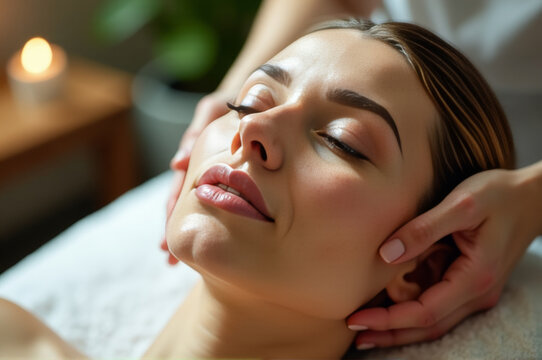 A woman receives a facial massage treatment at a spa, promoting relaxation and rejuvenation