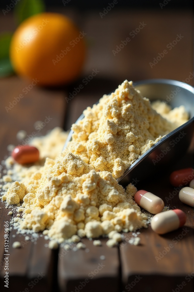 Poster a close-up shot of a scoop of powder and a pile of pills placed together, perfect for depicting a sc