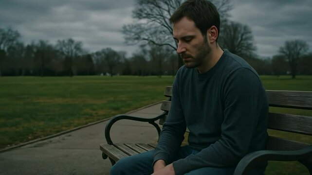 Man sitting alone on a park bench, lost in thought