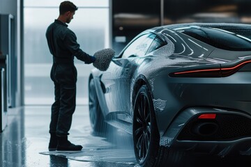 Car wash employee cleans modern vehicle thoroughly at service center