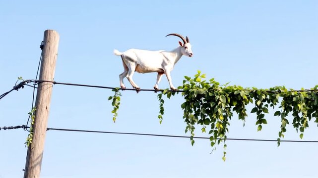 Goat walking power lines vines blue sky
