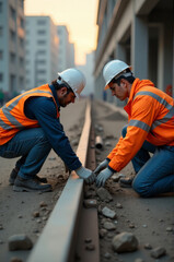 Two workers building and repairing train tracks