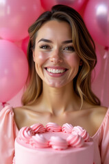 A woman holding a pink cake surrounded by balloons, perfect for birthday or celebration scenes