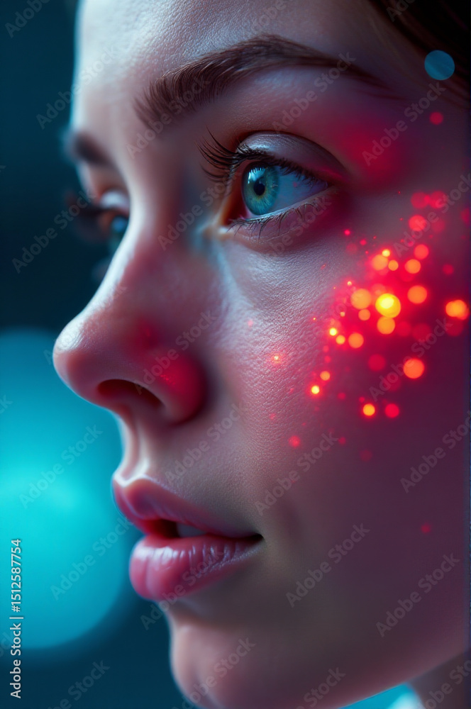 Poster a close-up shot of a person with a red light shining on their face, suitable for use in photoshootin