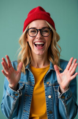 A woman wearing a distinctive red hat and glasses, great for illustrations on fashion or personality themes