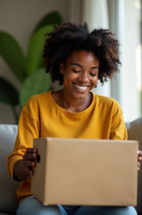 A woman sits on a couch holding a package, possibly waiting for someone or expecting a delivery