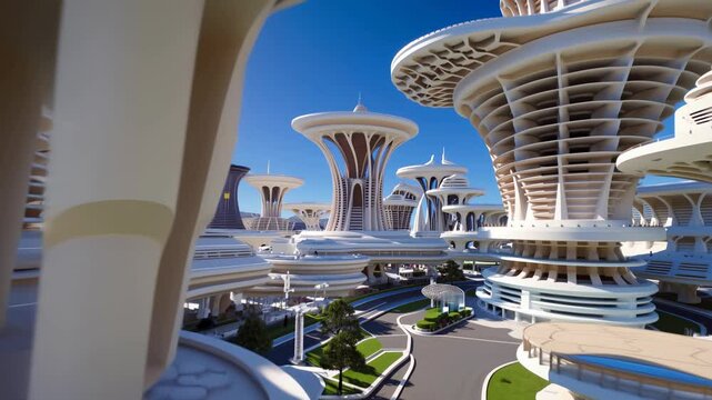 Futuristic Cityscape with 3D-Printed Buildings: Organic Architecture Revolution - Aerial View of Innovative Urban Landscape with Impossible Structures.