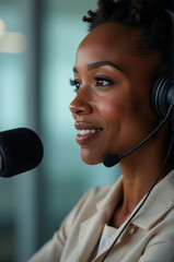 A woman wearing a headset and microphone, ready for recording or broadcasting
