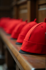 A row of red hats sitting on a wooden bench