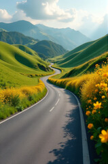 A winding road lined with bright yellow flowers, great for travel or nature scenes