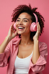 A happy woman wearing pink headphones, suitable for use in lifestyle or technology-related contexts