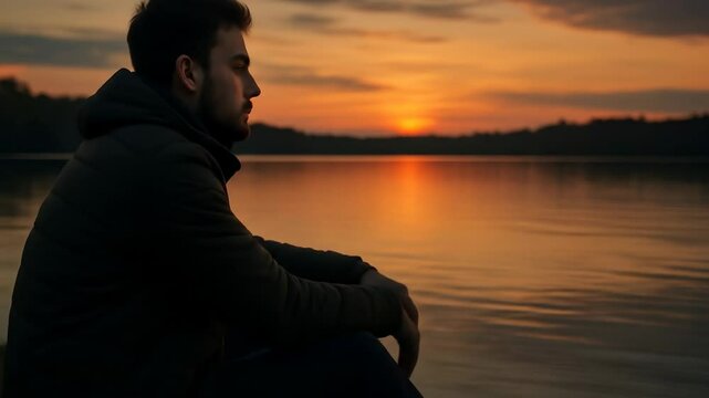 Man reflecting by the lake at sunset