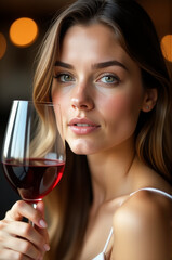 A woman holding a glass of red wine, perfect for a social gathering or evening event