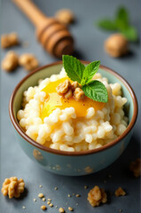 Italian-style risotto served with toasted walnuts, great for food photography or culinary inspiration