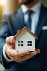 A businessman holding a scale model of a house, for presentation or discussion purposes