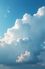 A small plane flies through a bright and cloudy blue sky with scattered white clouds