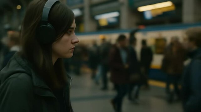 Women with headphones in a busy subway station