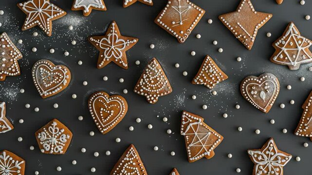 Overhead shot showcasing an assortment of gingerbread cookies decorated with white icing and sugar dots. The cookies are arranged on a dark gray surface, perfect for winter holiday themes.
