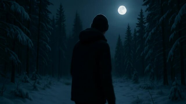 Solitary figure walking through a snowy forest at night