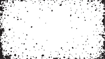 Grungy Black Ink Splatter Border on White Background. Black spots scattered across the white surface. Ink dots. 