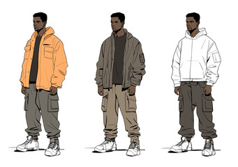 Stylish Urban Outfits: Three different stylish, urban outfits. Each outfit embodies individual flair and everyday wear.