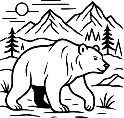 Wild mammal vector illustration of a polar bear on a log or a bear in the woods silhouette