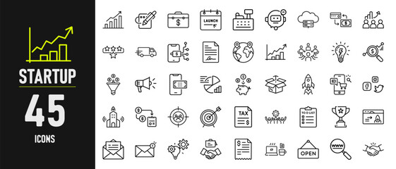 Business Startup and Entrepreneur Line Icons – 45 Vector Symbols